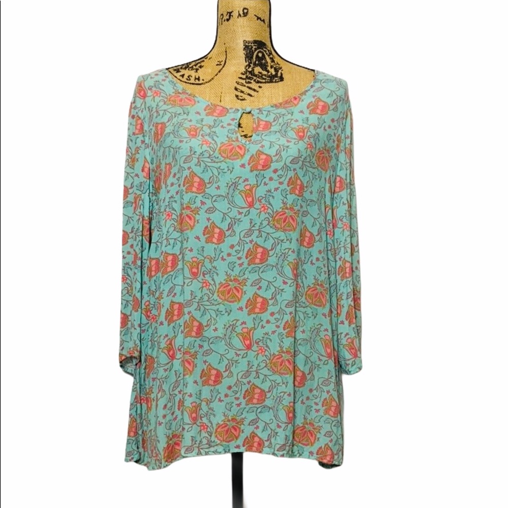 Stetson Blue Pink Floral Boho 3/4 Sleeve Blouse L